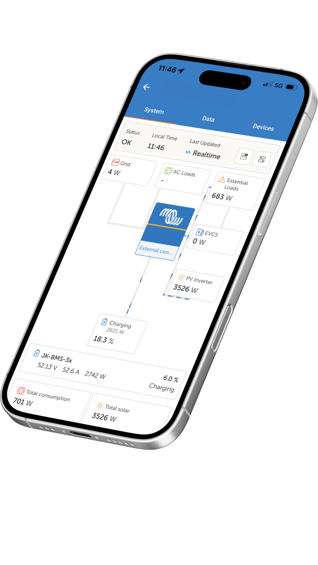 Live systeemoverzicht in de Victron-app